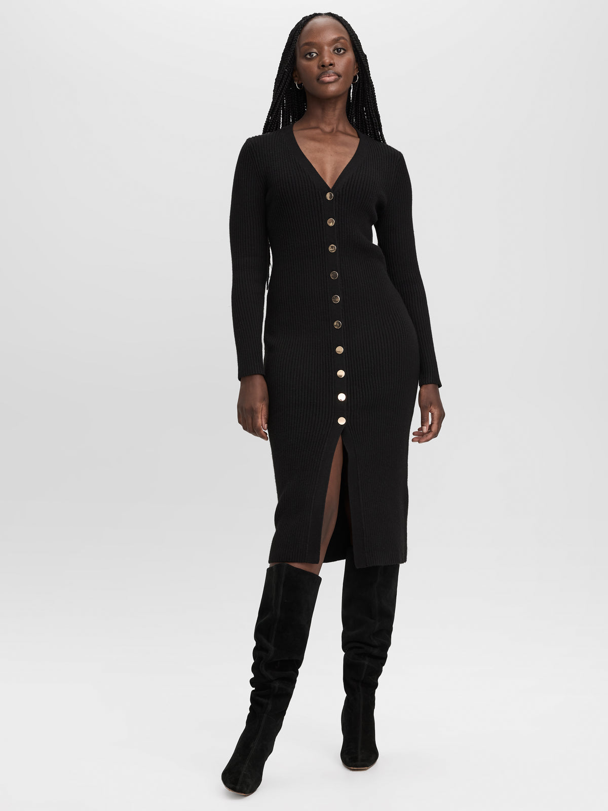 Long-Sleeve V-Neck Buttoned-Down Midi Dress