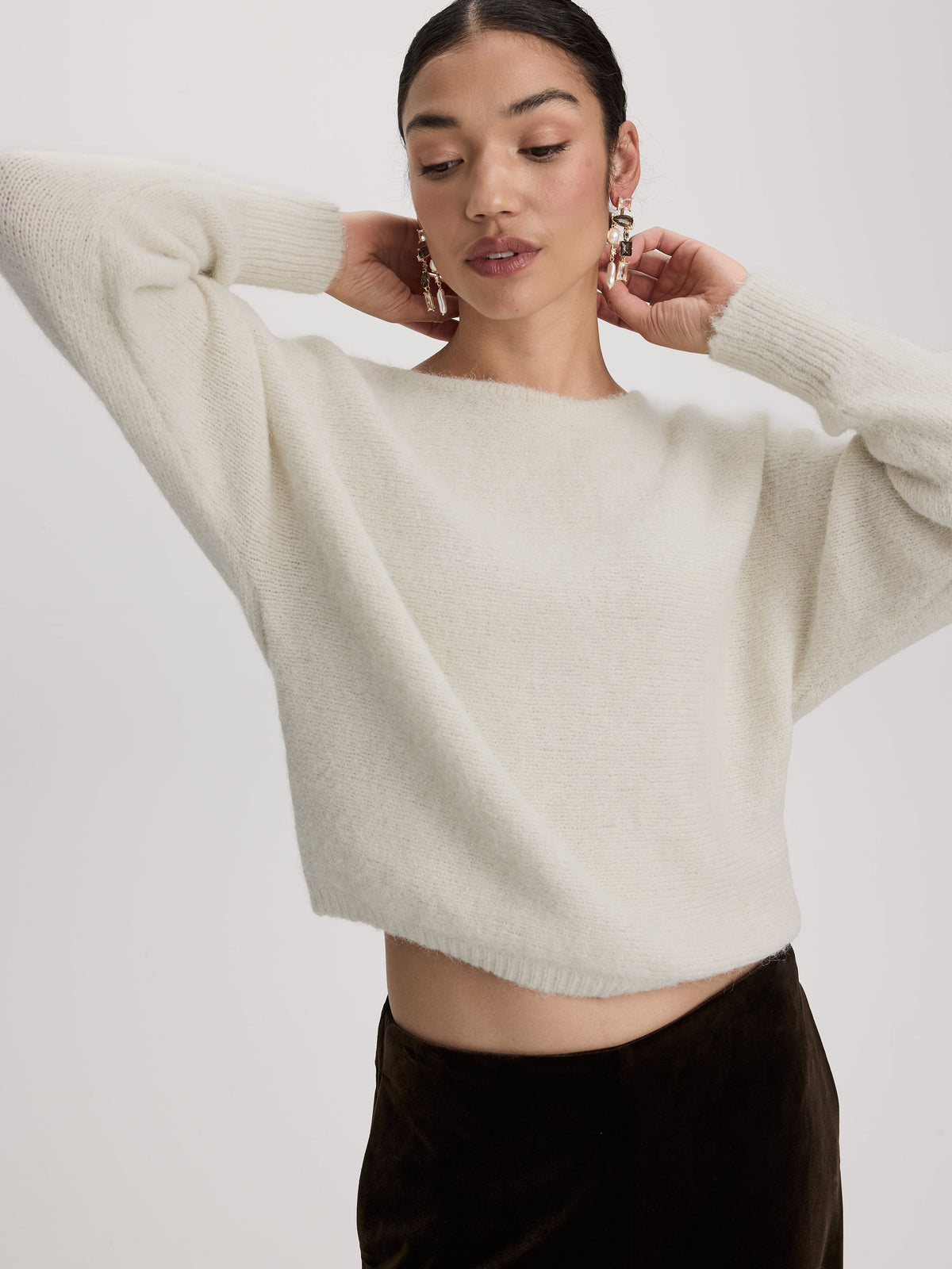 Long-Sleeve Boat-Neck Sweater with Lace Insert