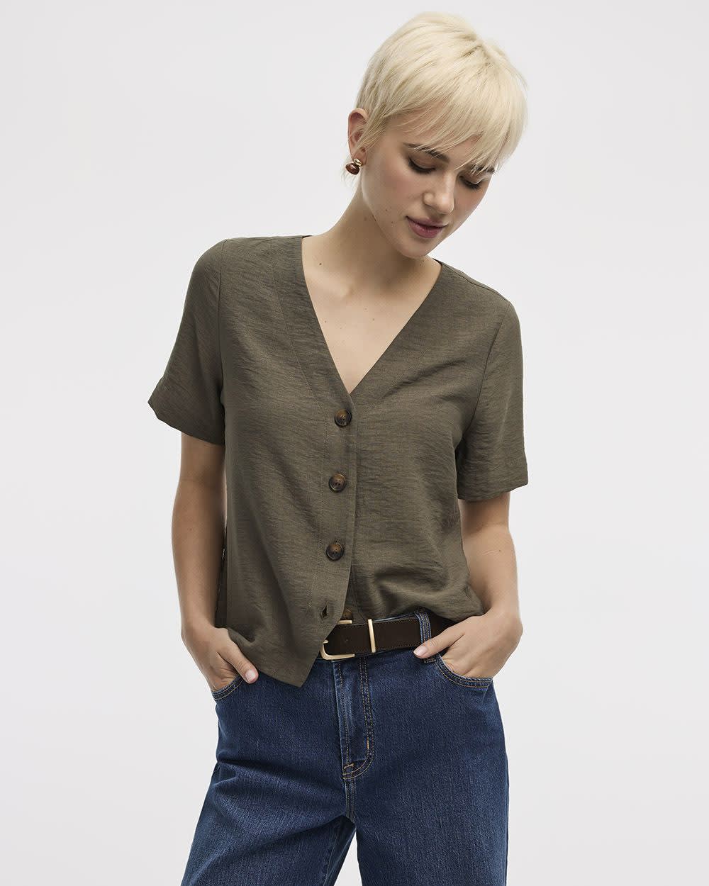 Short-Sleeve V-Neck Buttoned-Down Blouse