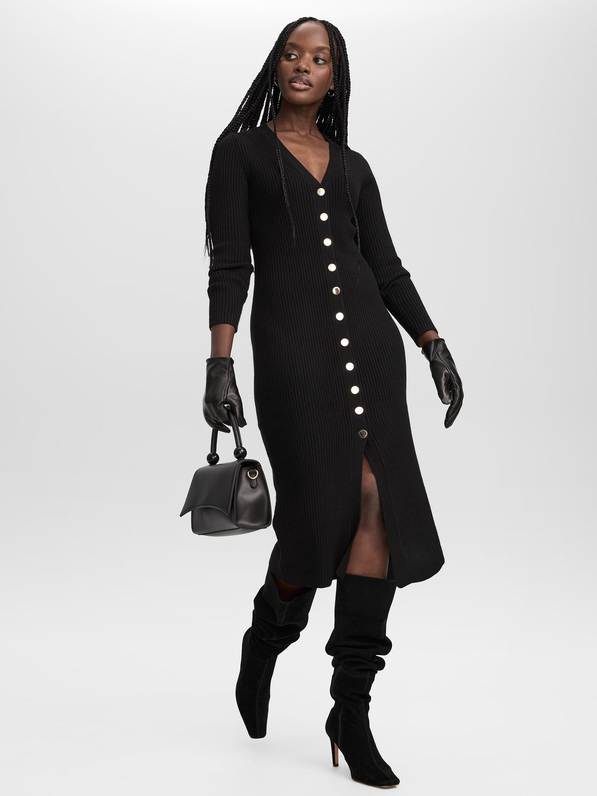 Long-Sleeve V-Neck Buttoned-Down Midi Dress