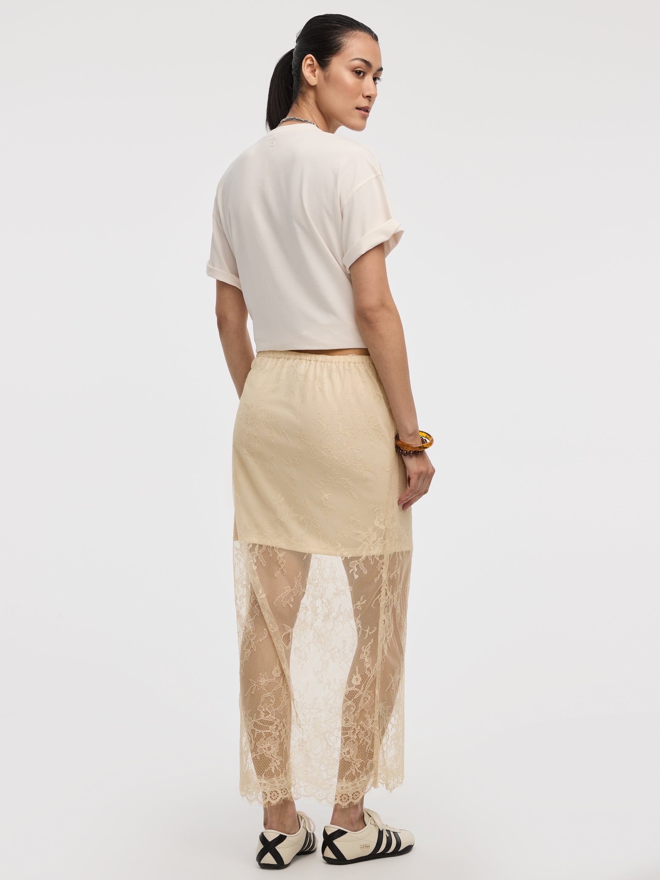 Midi Mesh Skirt with Lace Trim