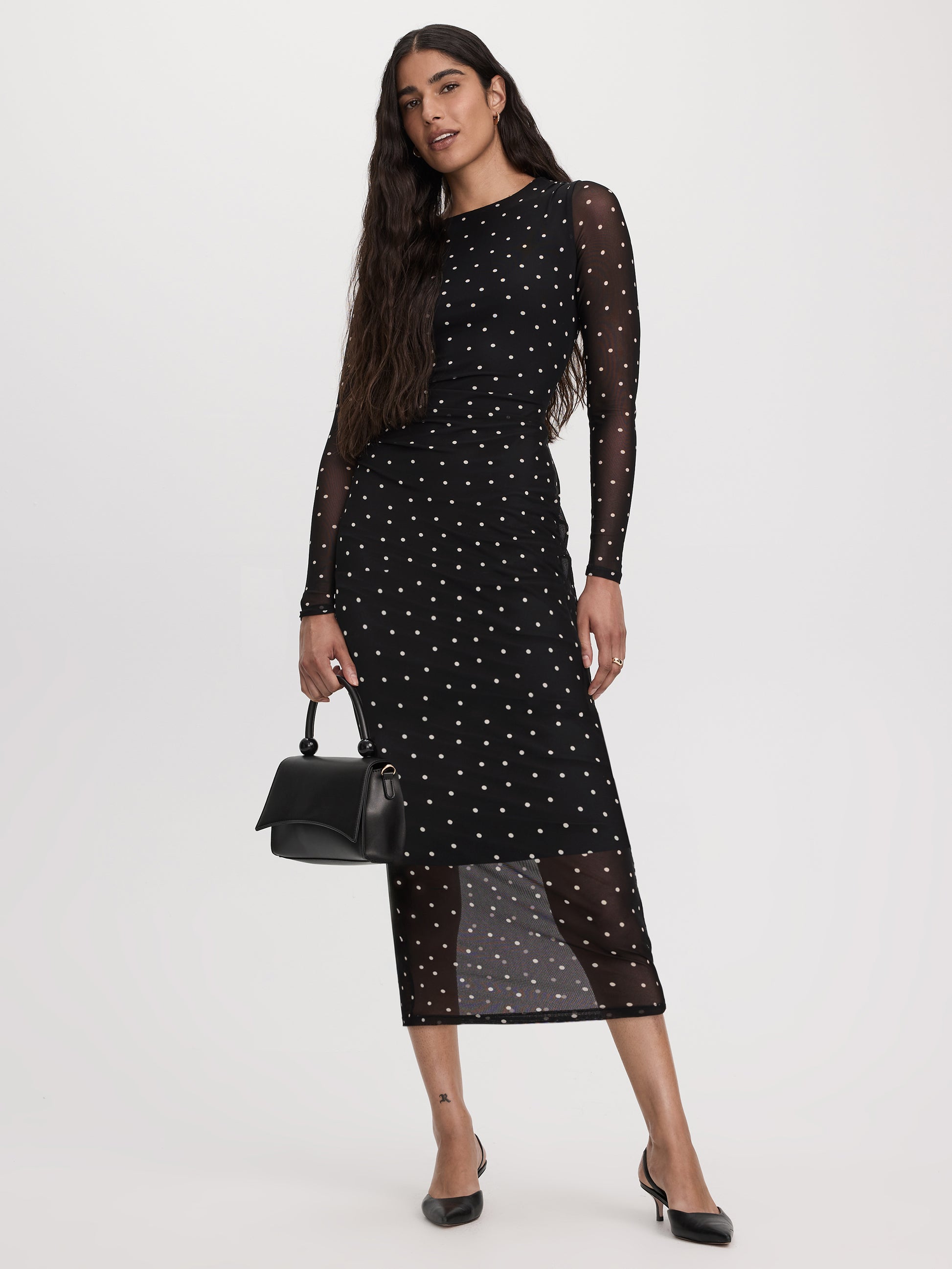 Long-Sleeve Mesh Midi Dress with Side Shirrings