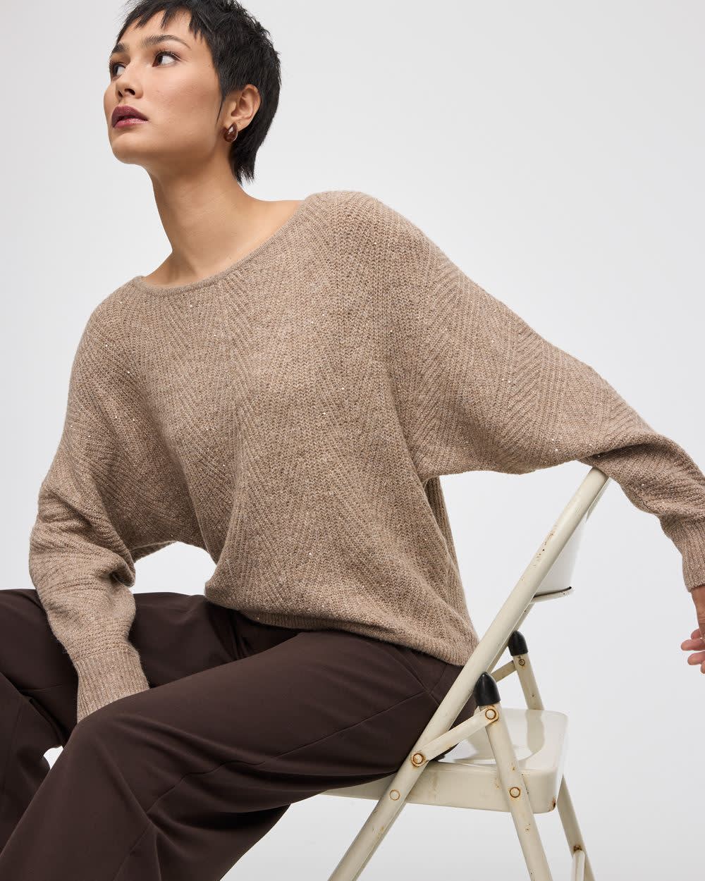 Long-Sleeve Boat-Neck Boxy Sweater with All-Over Sequins