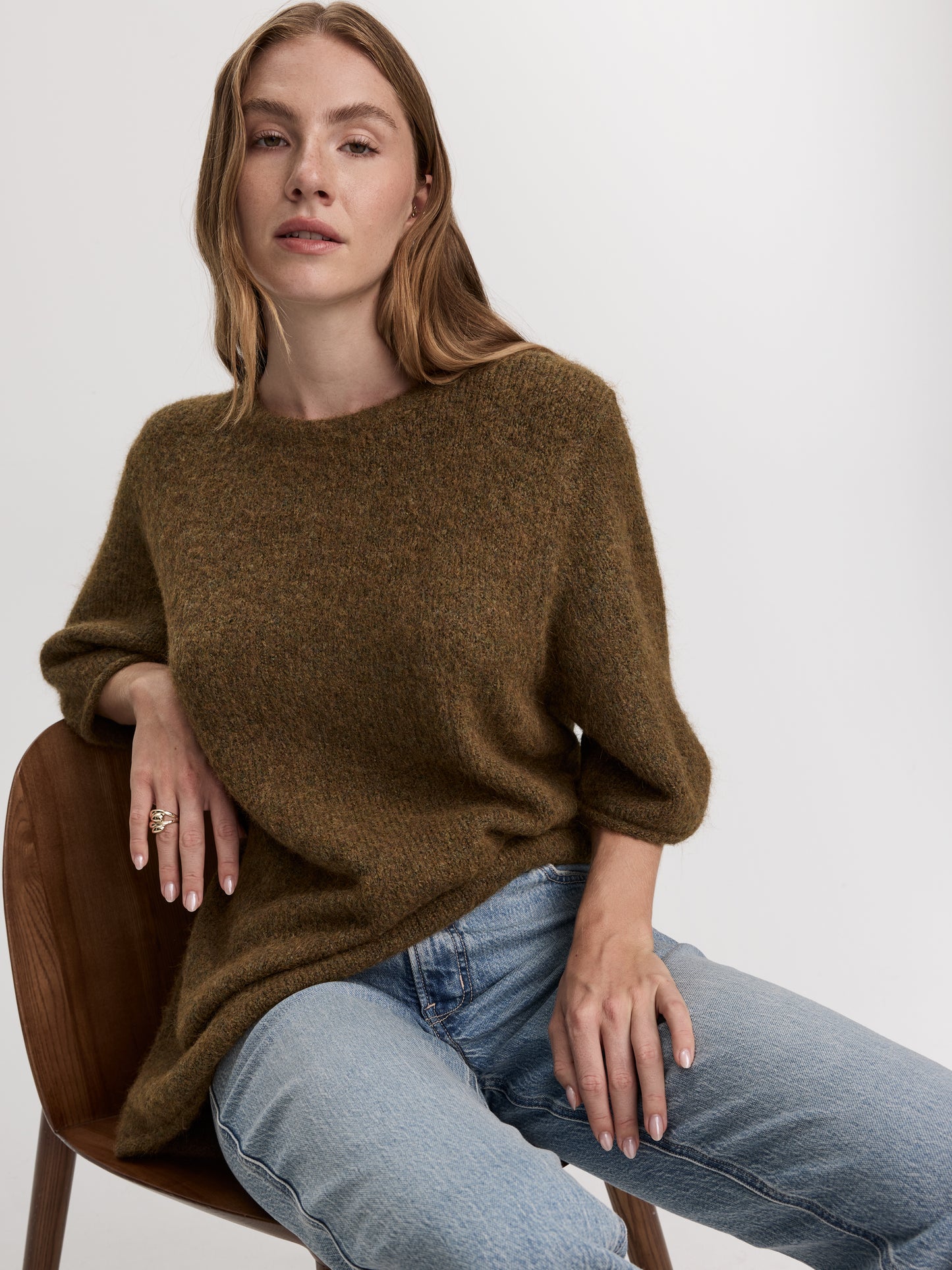 Elbow-Sleeve Crew-Neck Boxy Sweater