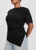 Short-Sleeve Shirred Top with Asymmetrical Hem