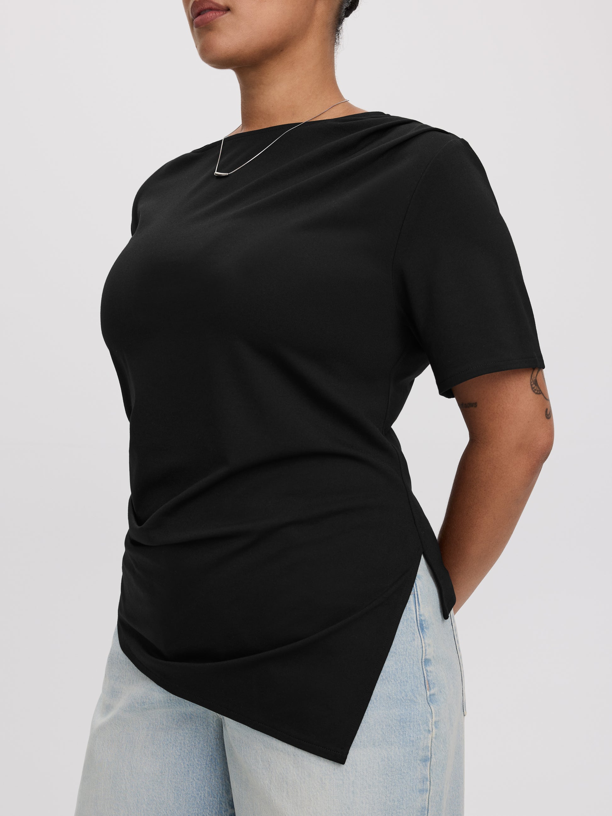 Short-Sleeve Shirred Top with Asymmetrical Hem