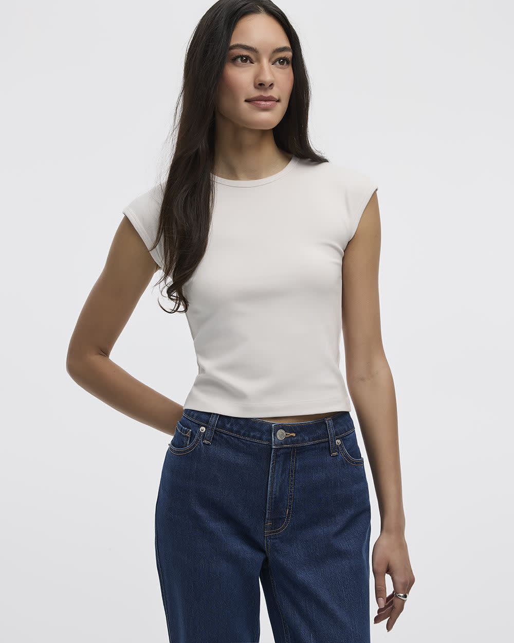 Extended-Sleeve Crew-Neck Ribbed Top