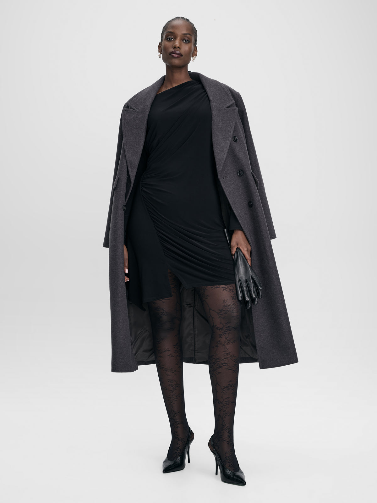 Long-Sleeve Asymmetrical-Neck Draped Bodycon Dress