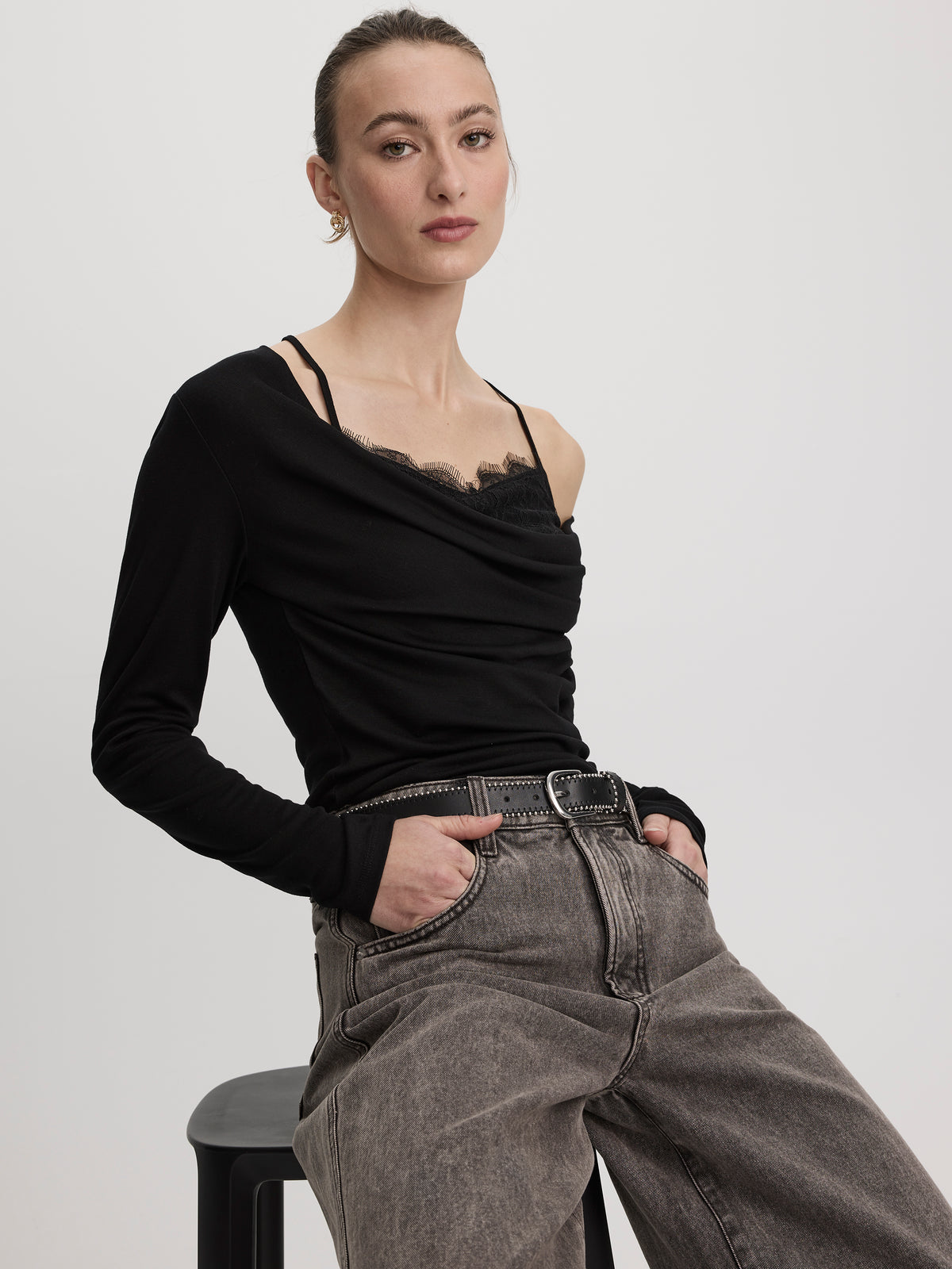 Long-Sleeve Cowl-Neck Top with Fooler Insert