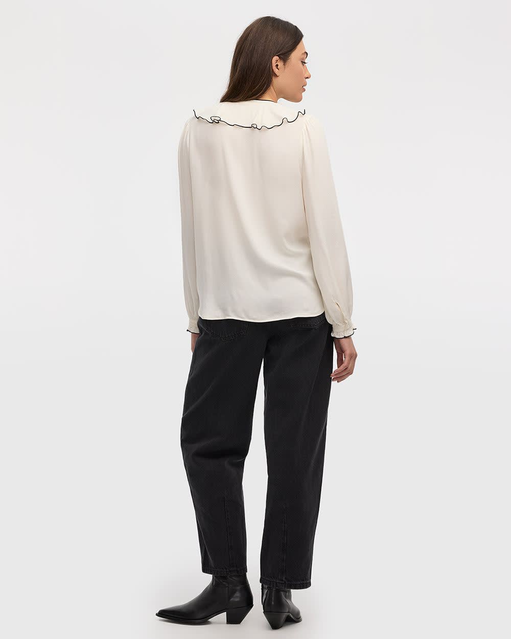 Long-Sleeve V-Neck Blouse with Ruffles