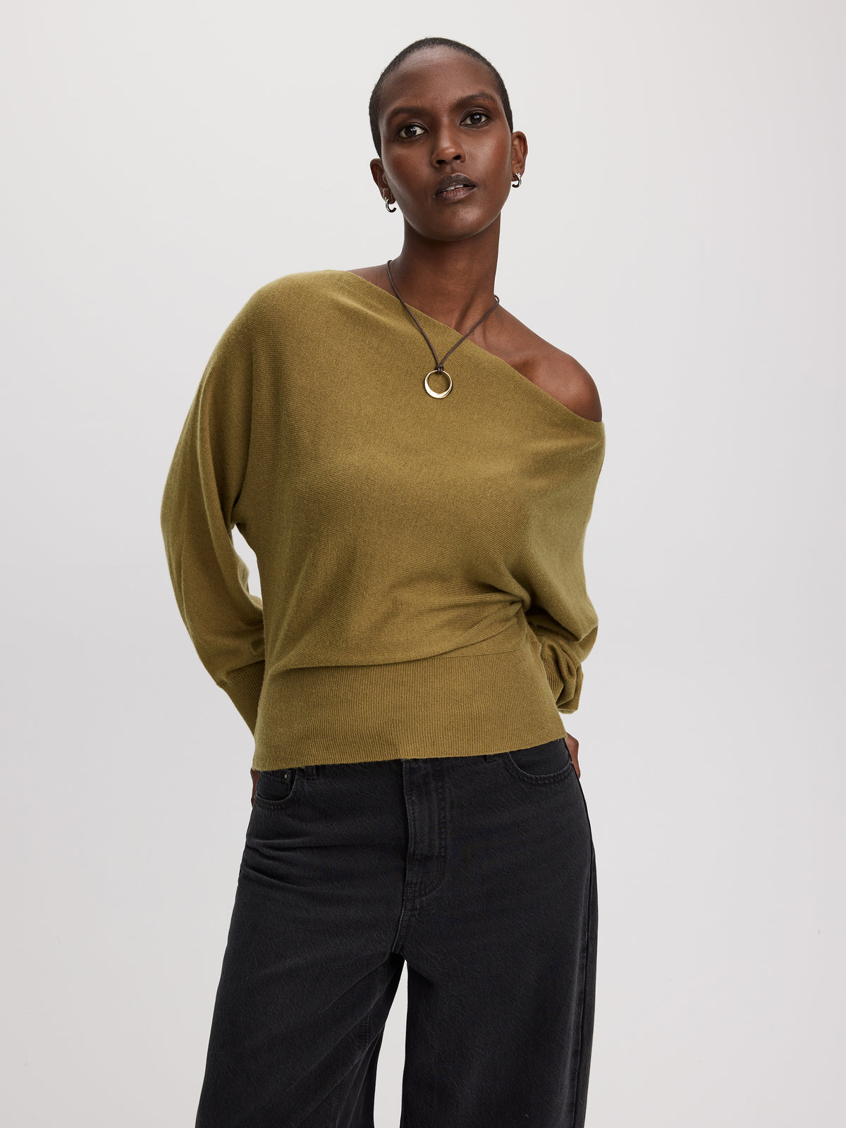 Merino-Blend Long-Sleeve Off-the-Shoulder Sweater