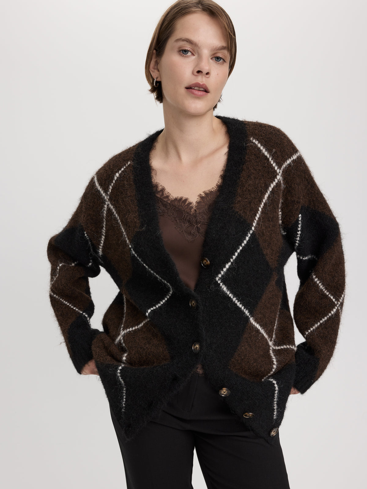 Long-Sleeve V-Neck Loose Intarsia Cardigan