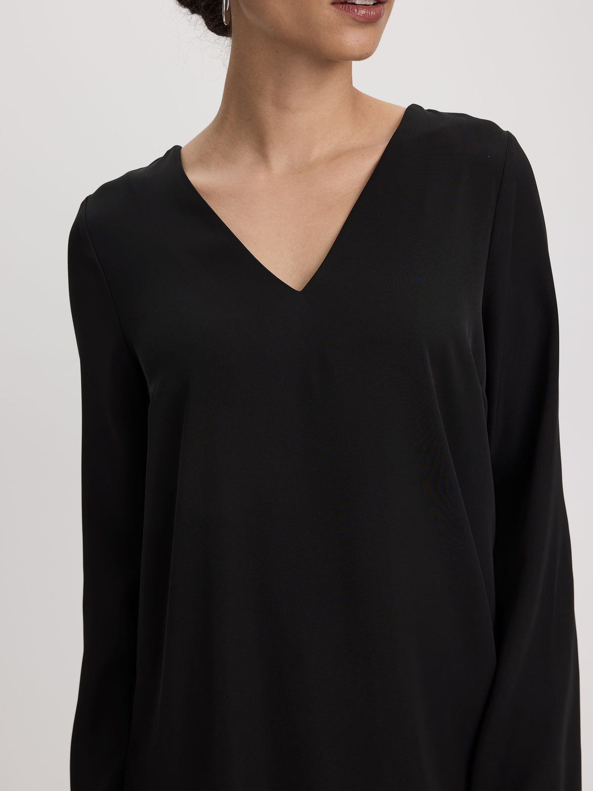 Long-Sleeve V-Neck Shift Dress with Lace Trim