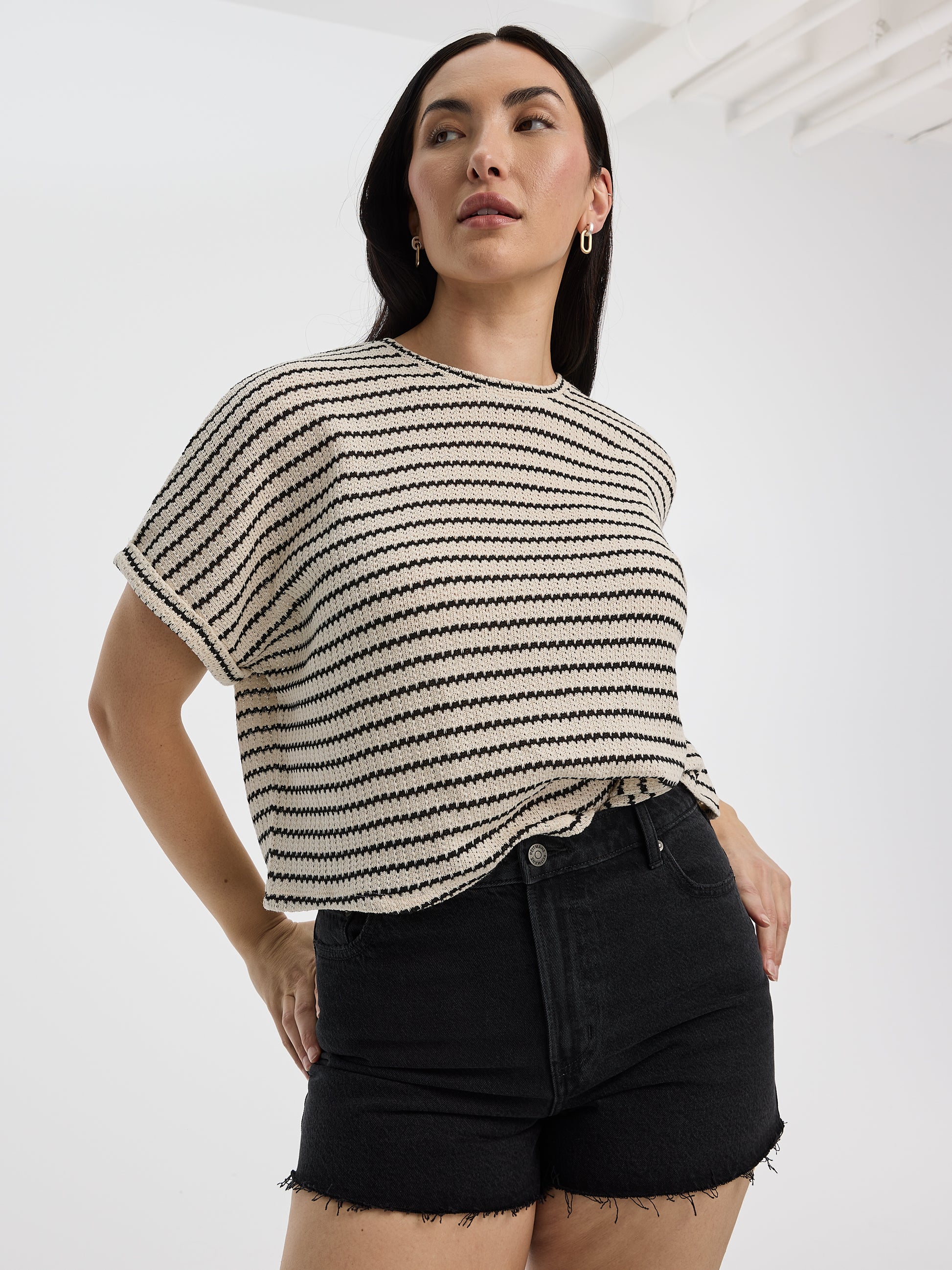 Striped Short-Dolman-Sleeve Crew-Neck Tee