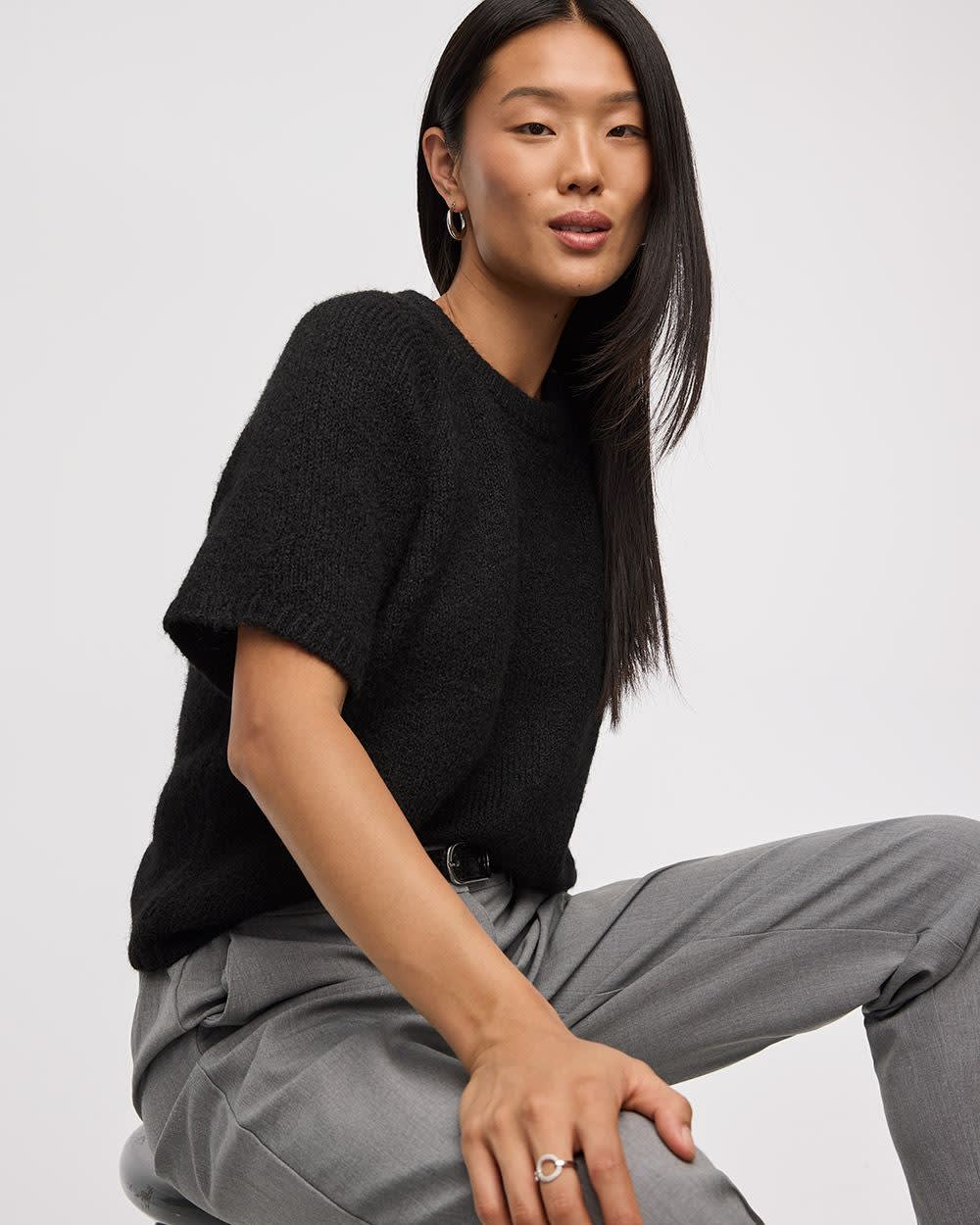 Elbow-Sleeve Crew-Neck Loose Sweater