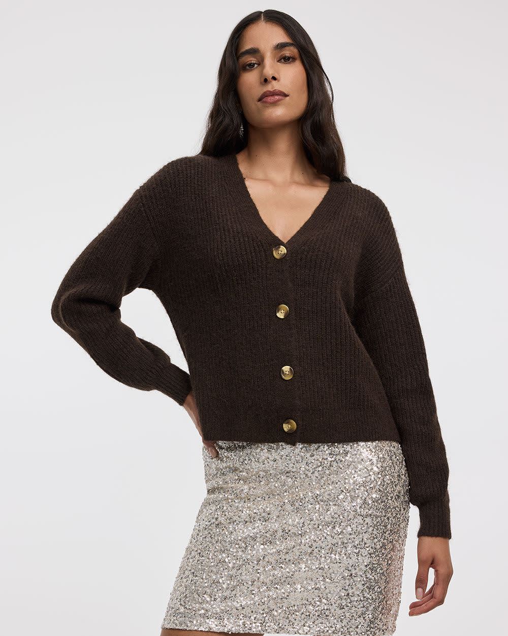 Long-Sleeve V-Neck Loose Cardigan