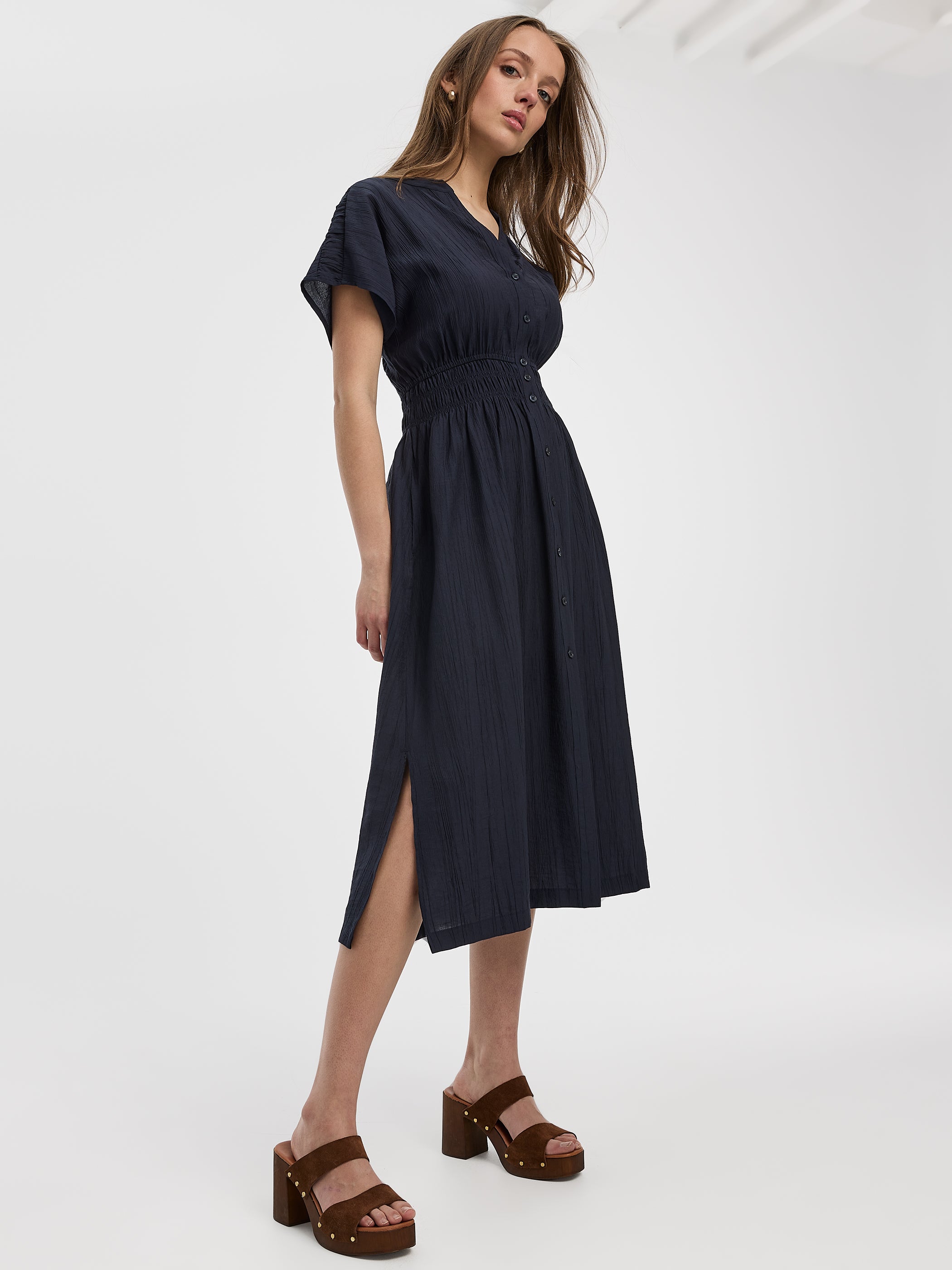 Elbow-Sleeve Midi Shirtdress