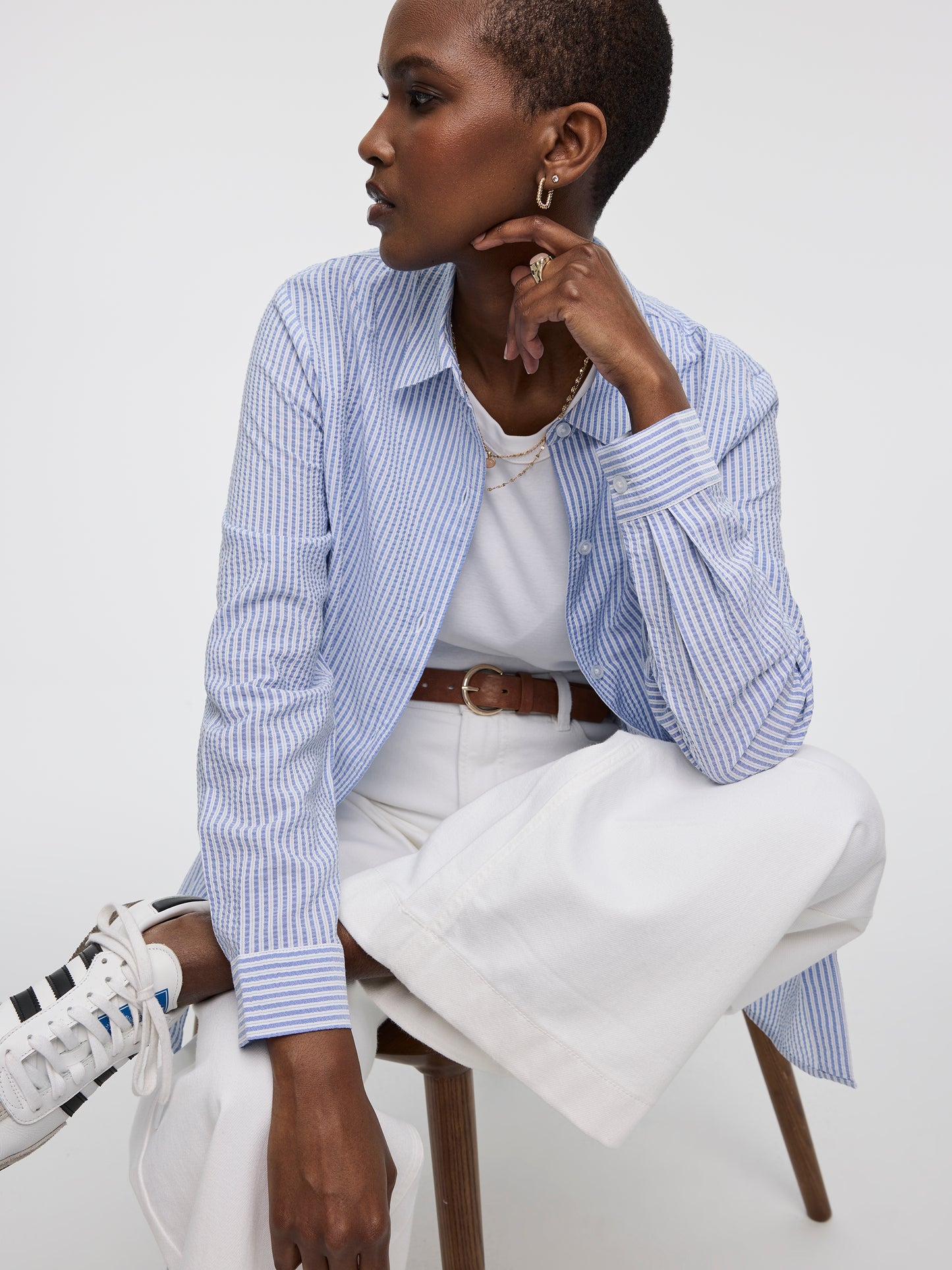 Long-Sleeve Buttoned-Down Seersucker Blouse