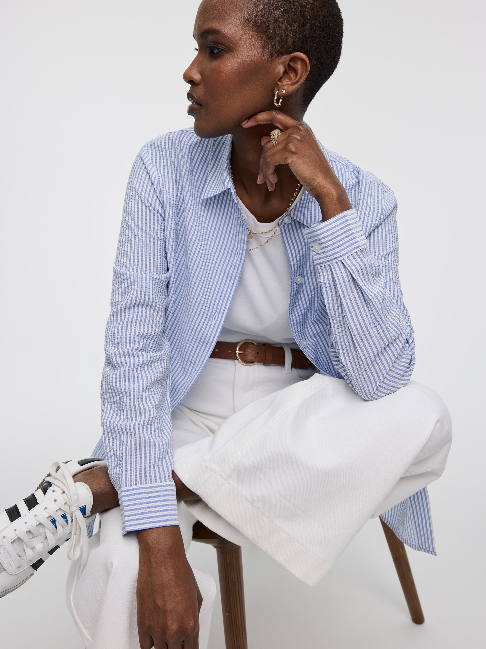 Long-Sleeve Buttoned-Down Seersucker Blouse