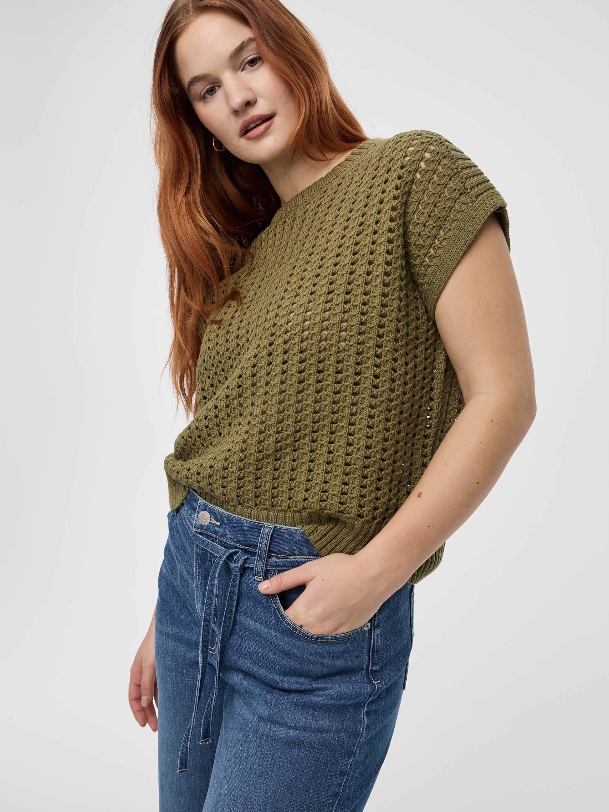 Extended-Sleeve Crew-Neck Sweater with Open Stitches