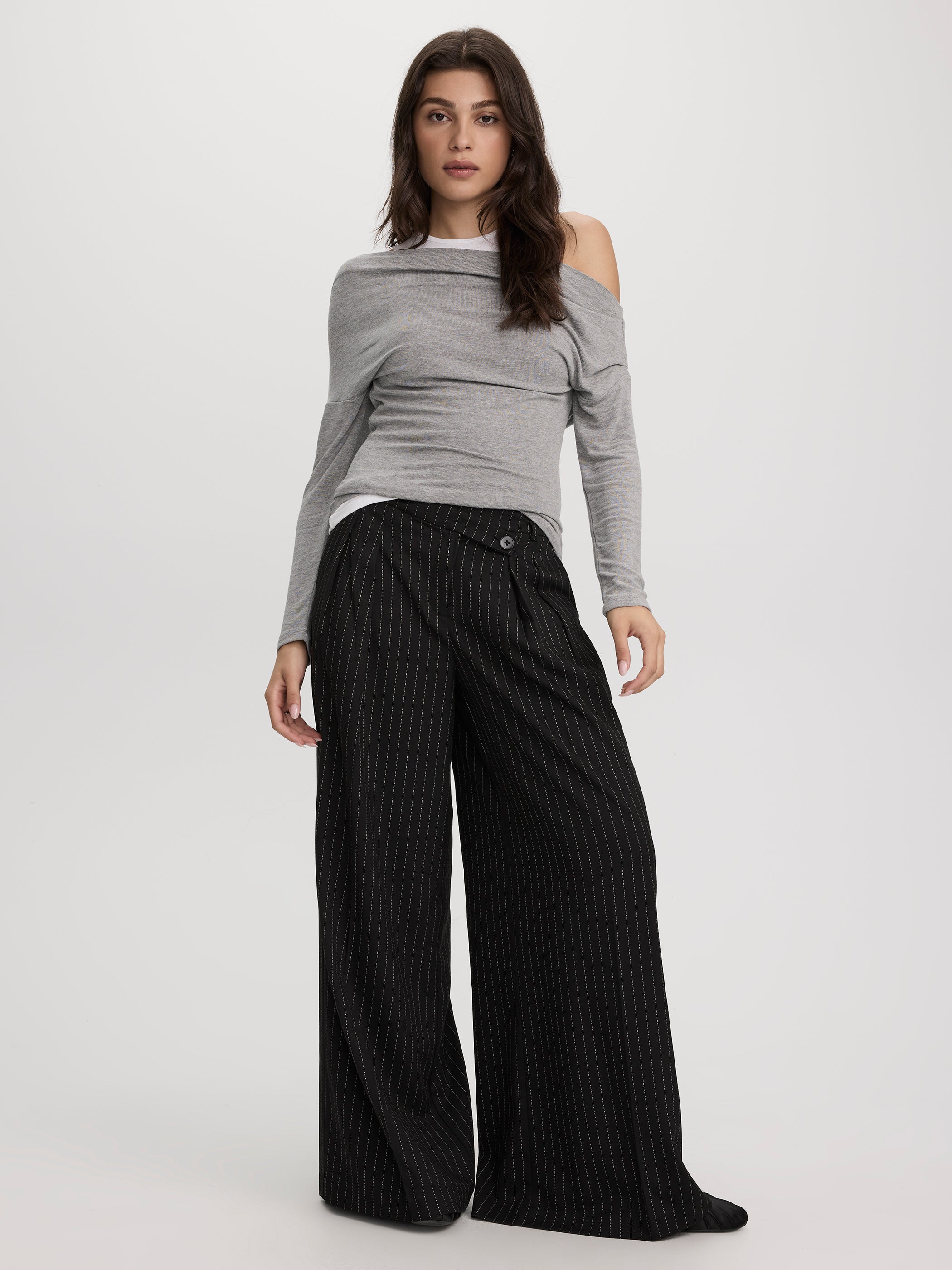 Wide-Leg Mid-Rise Pants with Asymmetrical Waist - The Timeless