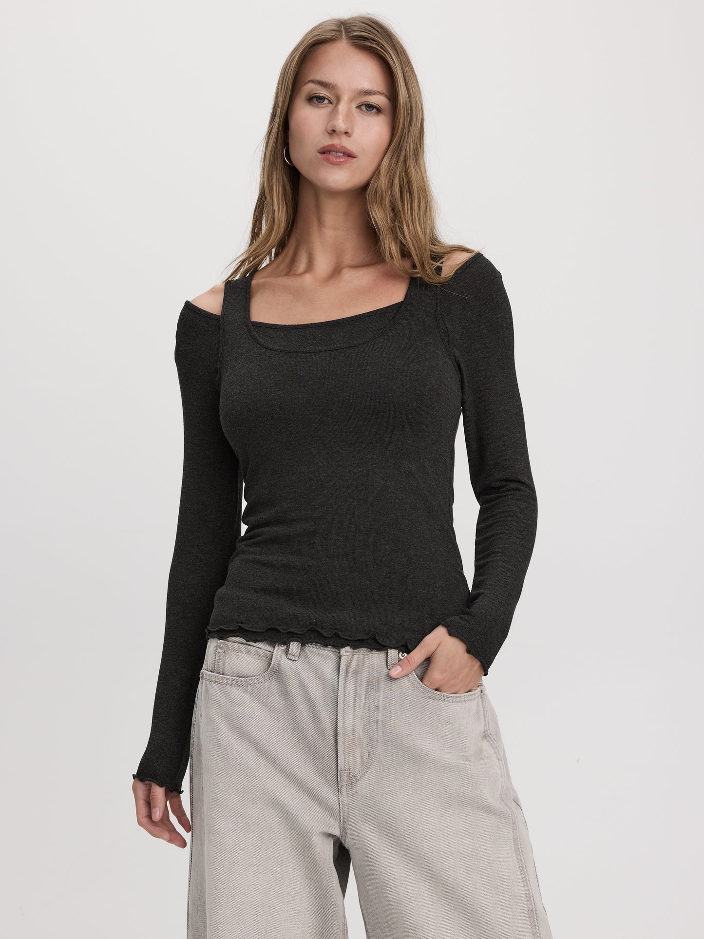 Long-Sleeve Off-the-Shoulder Top with Fooler Insert