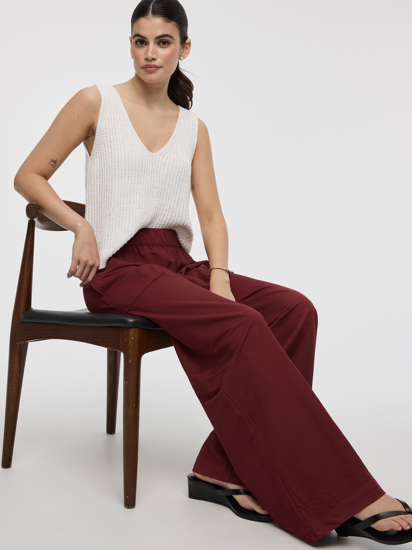 Wide-Leg High-Rise Pull-On Piqué Pant