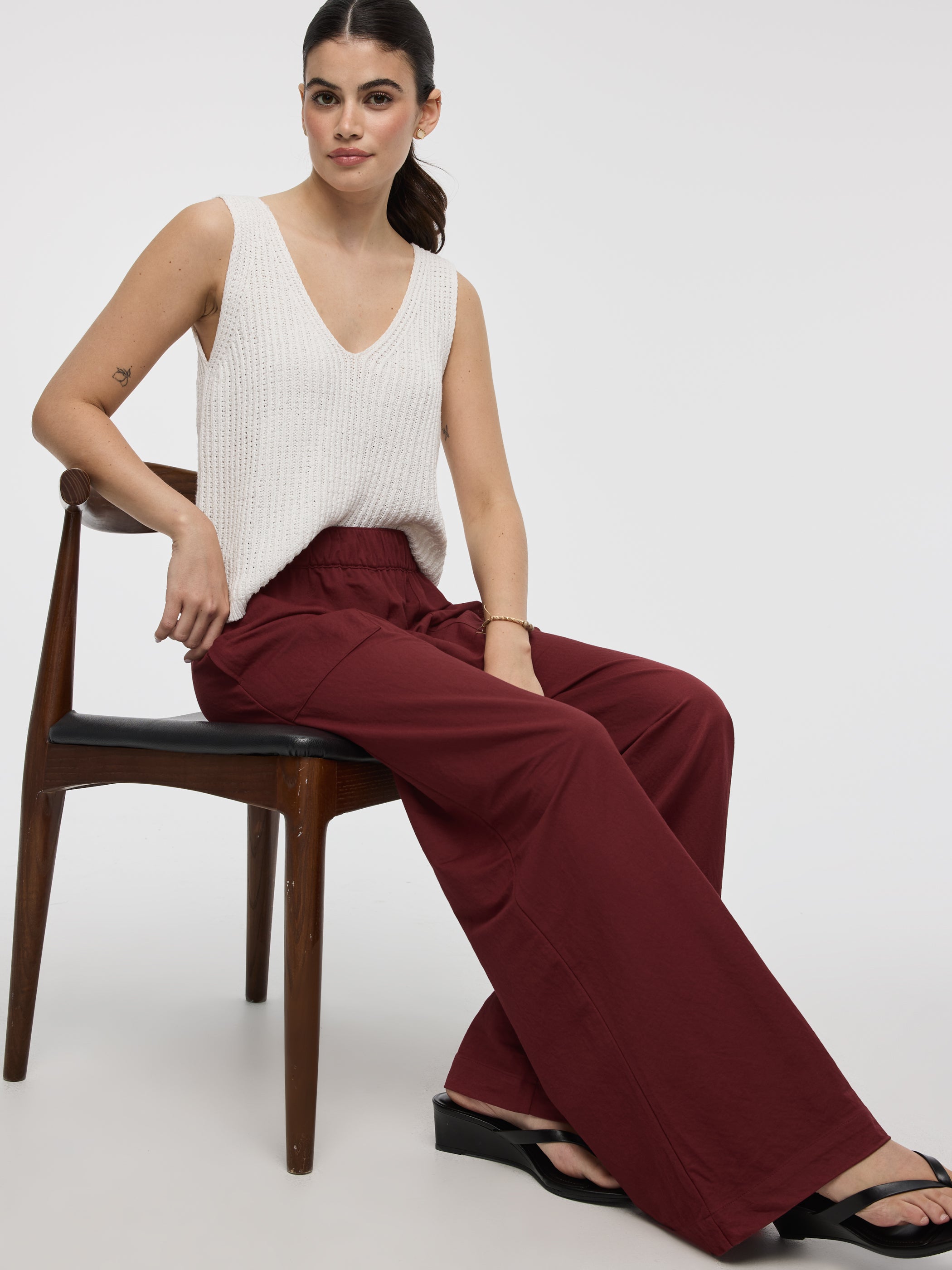 Wide-Leg High-Rise Pull-On Piqué Pant