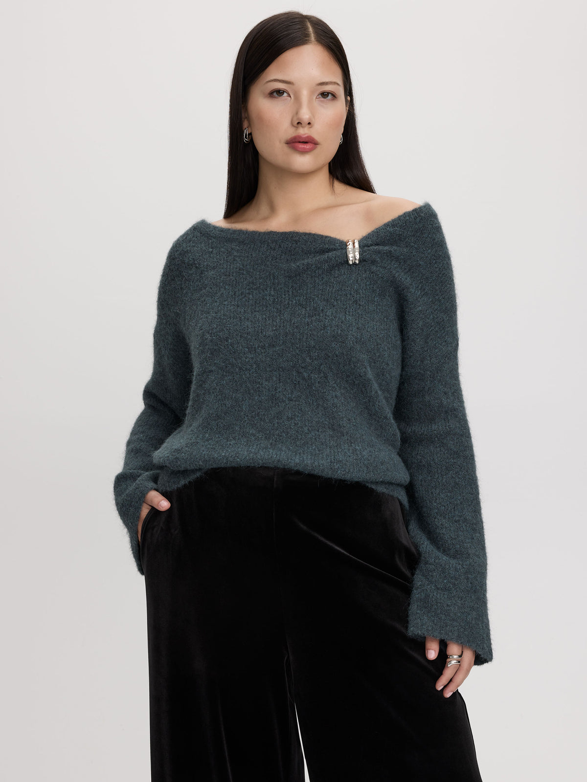 Asymmetric Neck Top with Metal Brooch – Women’s Fabric Blend