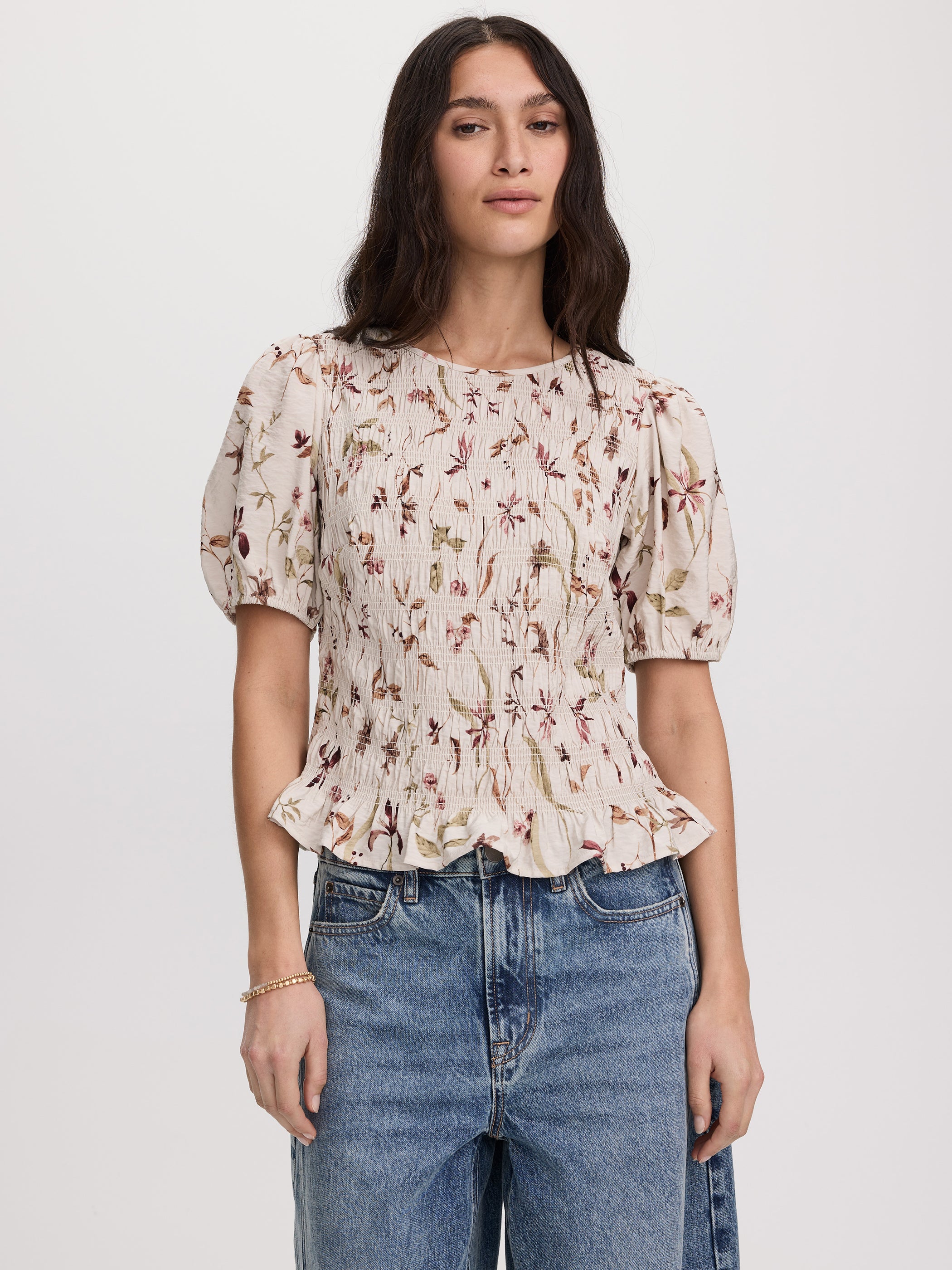 Smocked Blouse with Short Bubble Sleeves