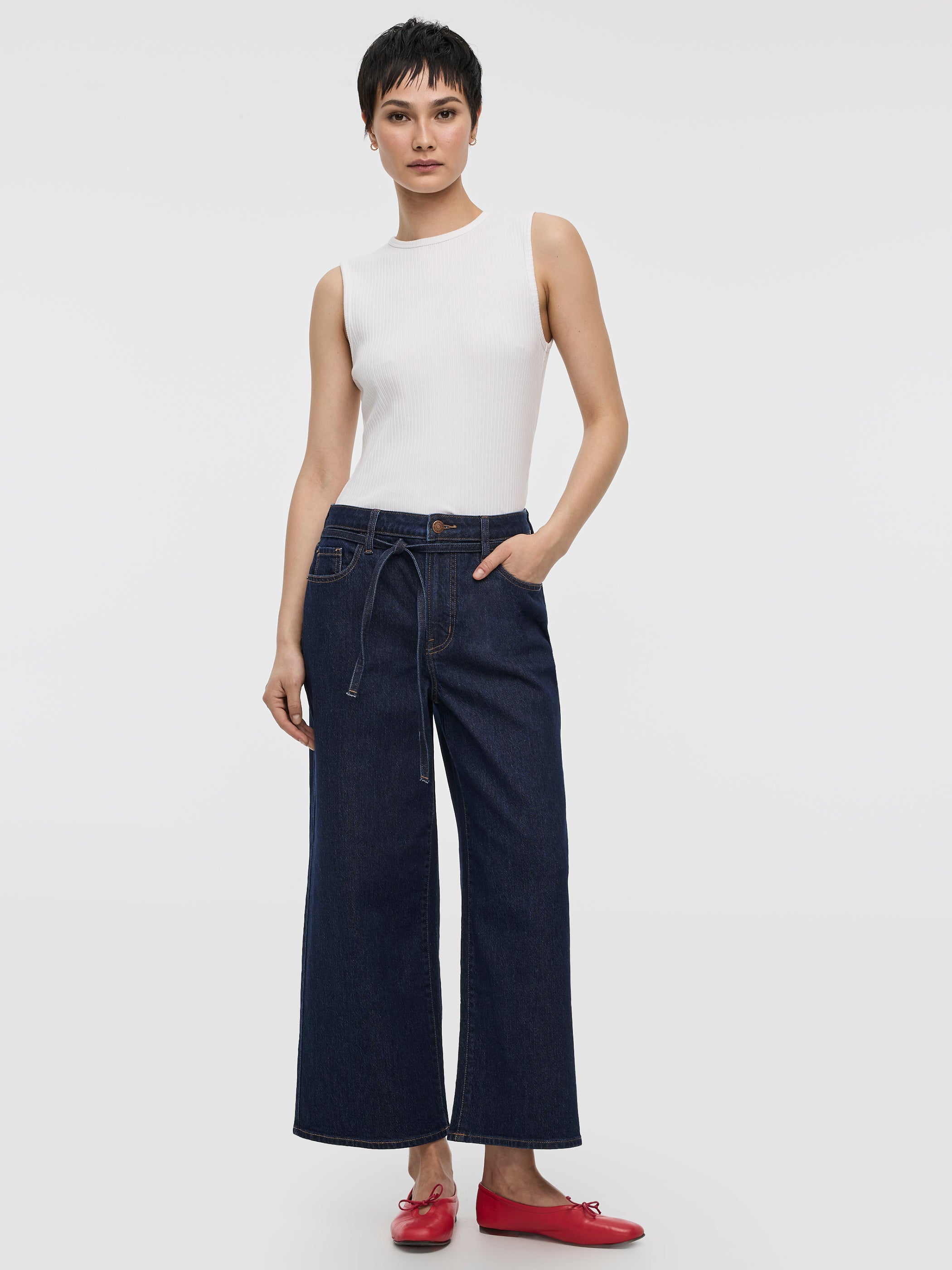 Wide-Leg High-Rise Cropped Jean with Sash