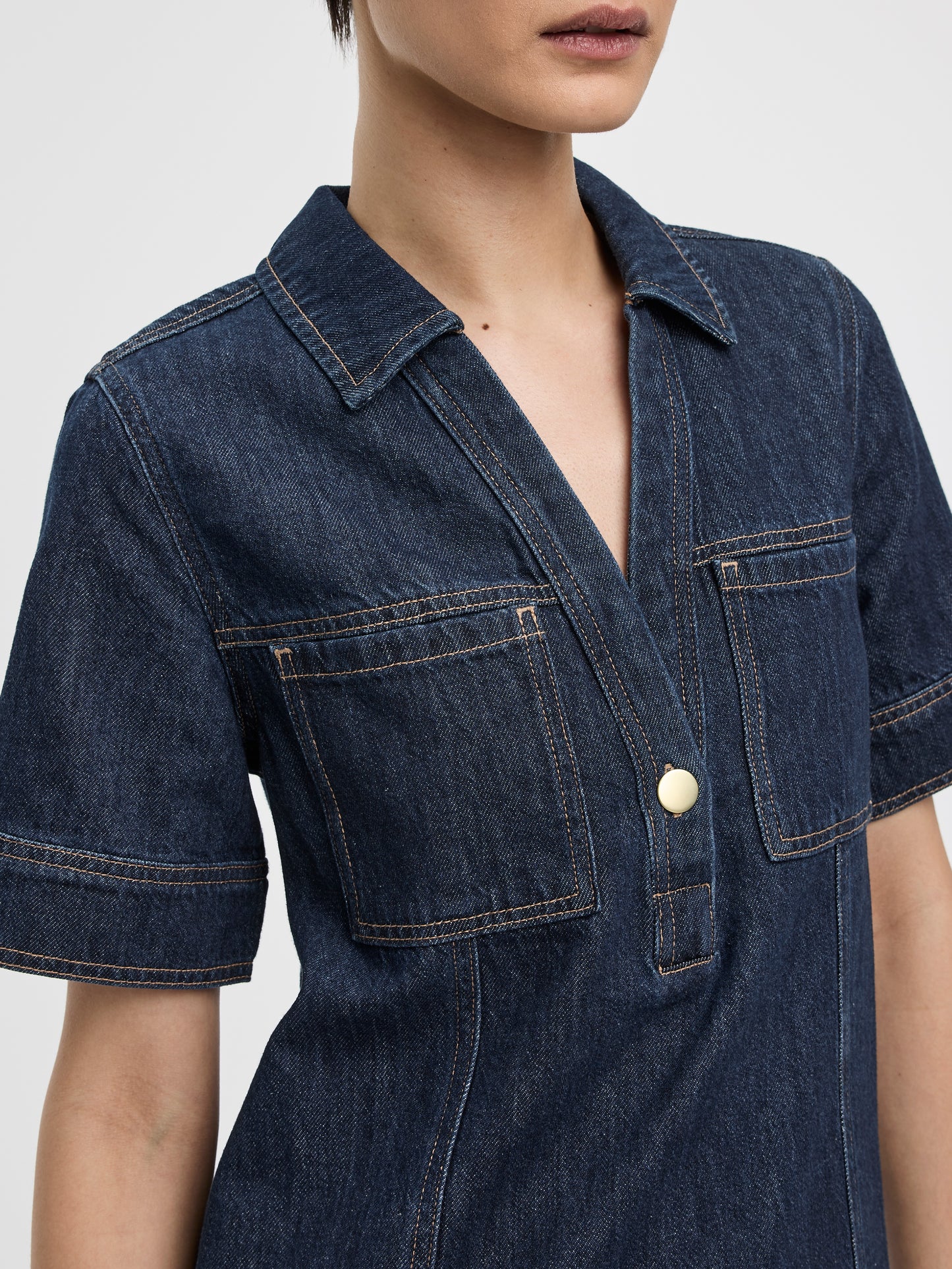 Elbow-Sleeve Shirt-Collar Mini Dress