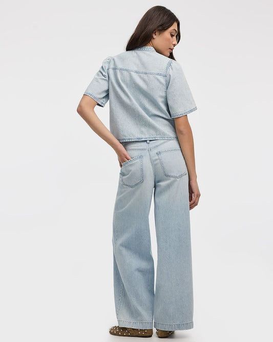 Crew-Neck Denim Shirt with Short Flutter Sleeves