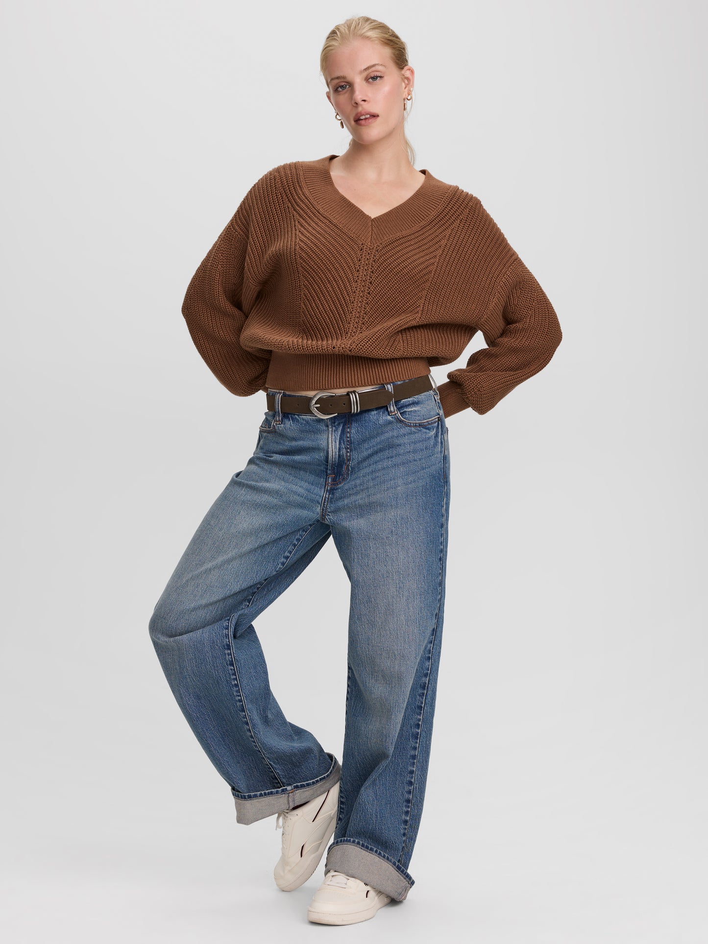 Long-Sleeve V-Neck Sweater with Half-Cardigan Stitches