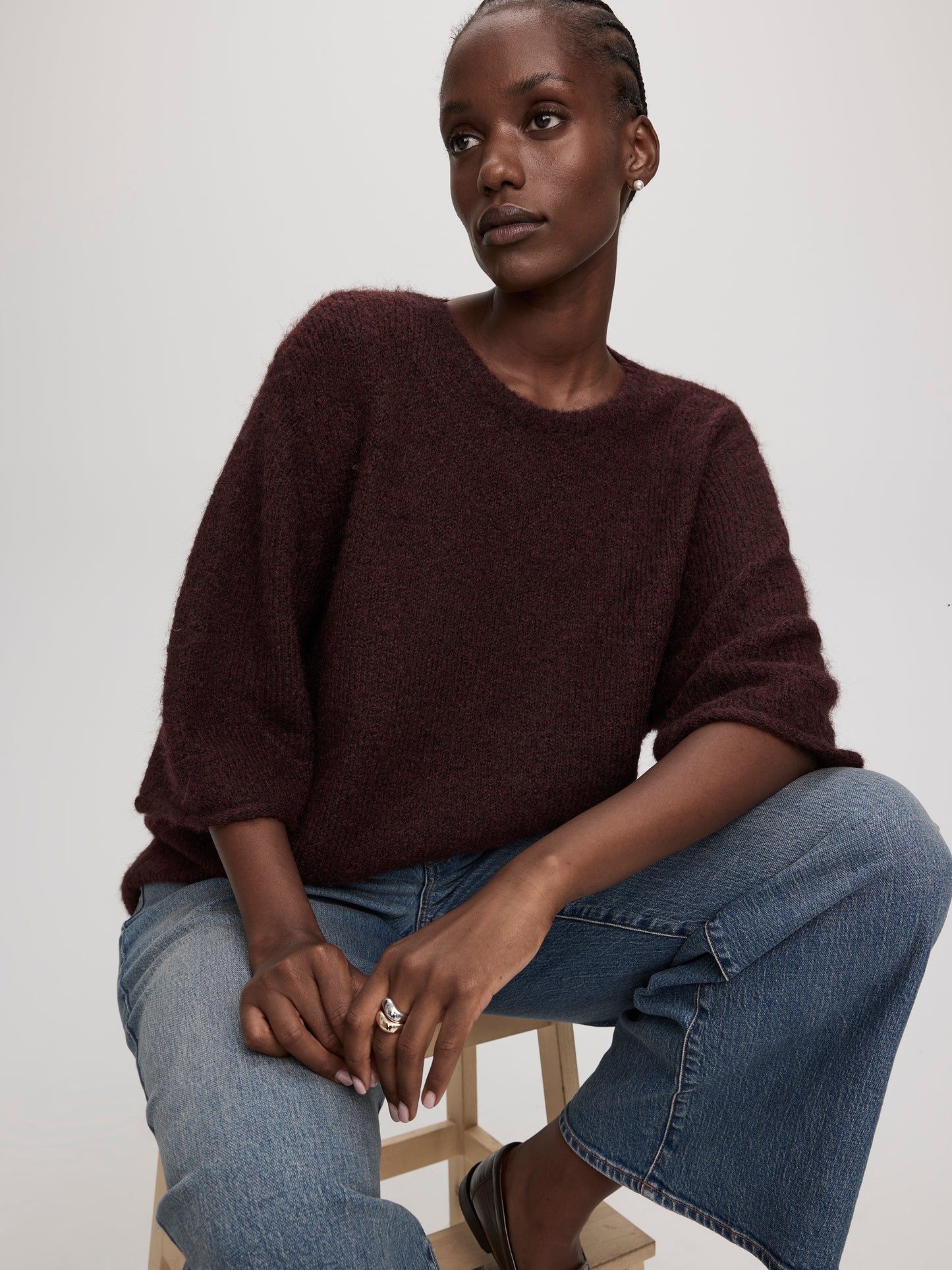 Elbow-Sleeve Crew-Neck Boxy Sweater