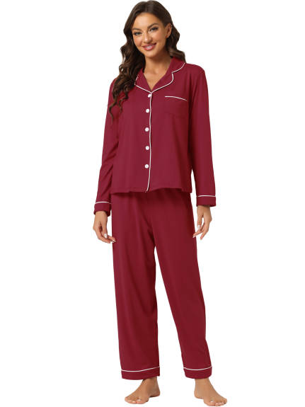 cheibear - Button Down Nightshirt Long Sleeves with Pants Set