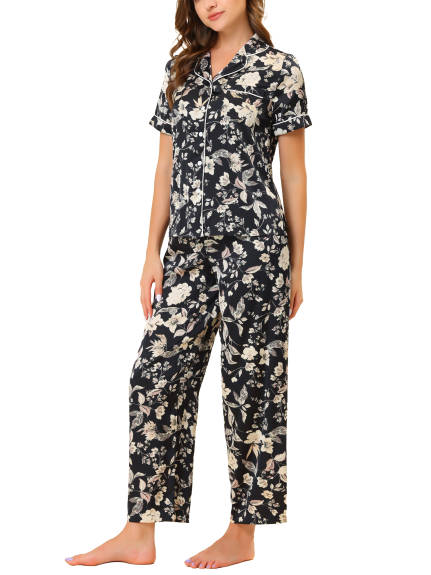 cheibear - Floral Satin Button Top and Pants Pajama Set