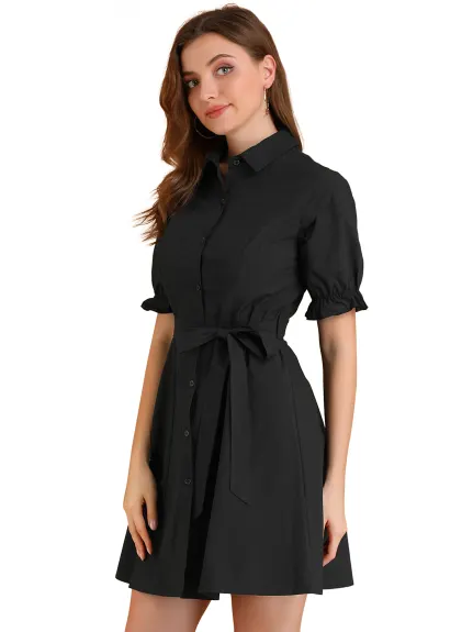 Allegra K- Ruffled Short Sleeve Belted Shirt Dress
