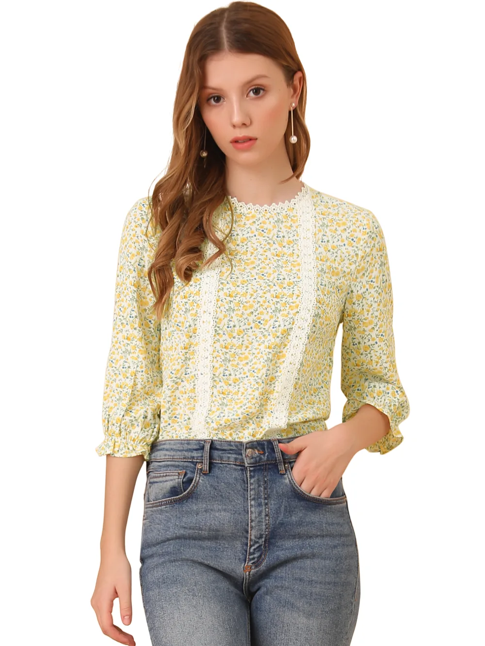 Allegra K- 3/4 Sleeves Ruffle Cuff Ditsy Floral Blouse