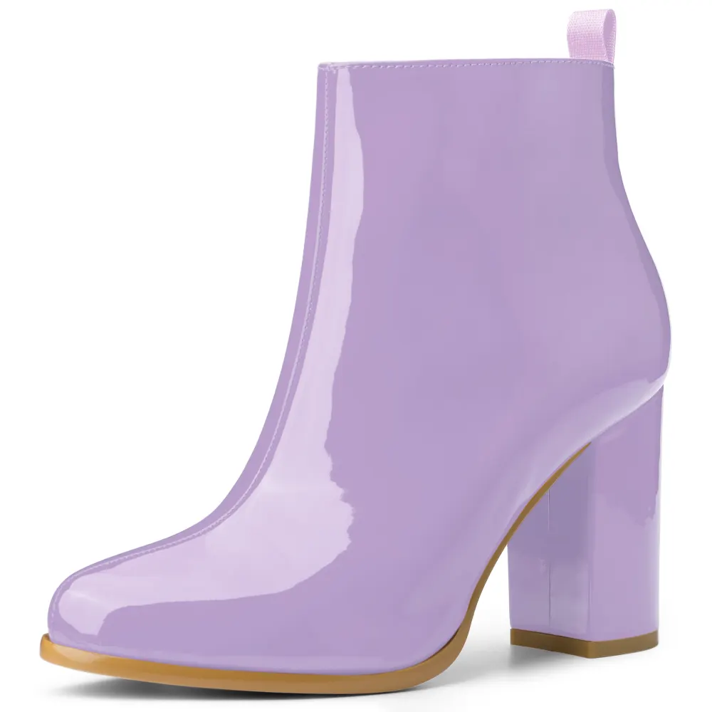 Allegra K - Round Toe High Heels Glossy Ankle Boots