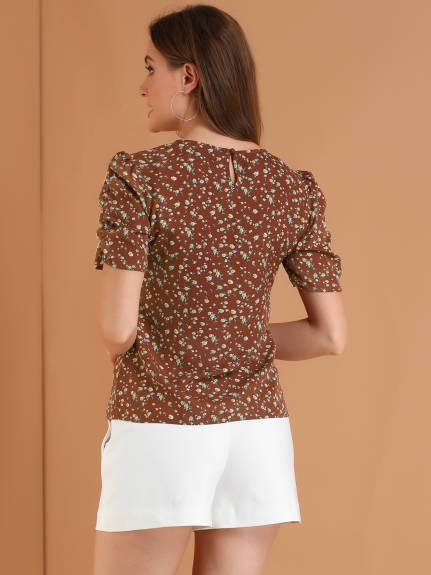Allegra K- Floral Blouse Crew Neck Shirred Elegant Short Sleeve Top