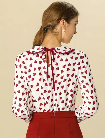 Allegra K- Collar Blouse Long Sleeve Sweet Cute Heart Dots Printed Top