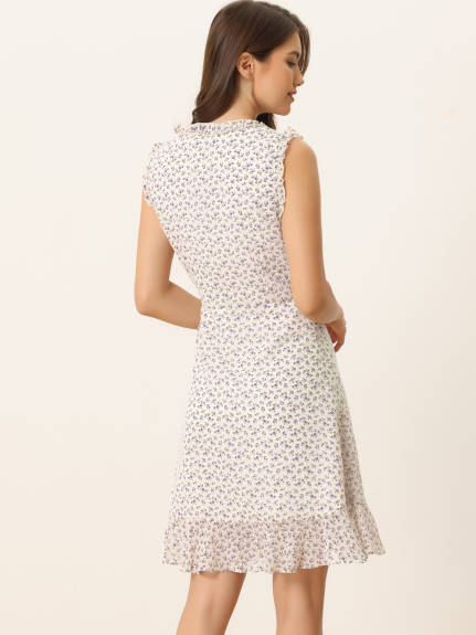 Allegra K- Ruffle Hem Sleeveless Floral Wrap Mini Dress