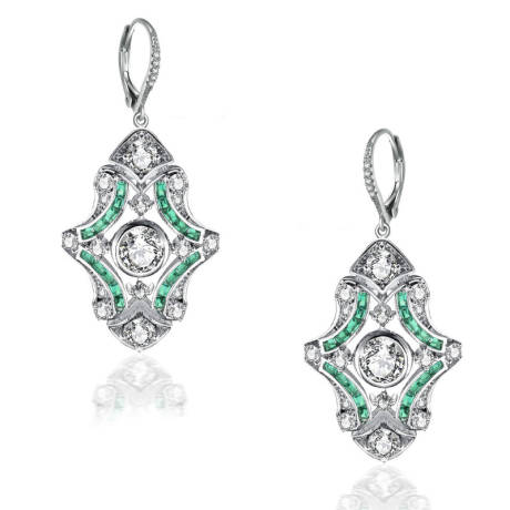 Genevive Sterling Silver White Gold Plated with Colored Cubic Zirconia Art Deco Lever Back Earrings