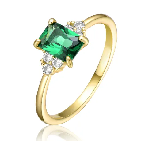 Genevive Sterling Silver 14k Yellow Gold Plated with Emerald & Cubic Zirconia Solitaire Cluster Anniversary Engagement Ring