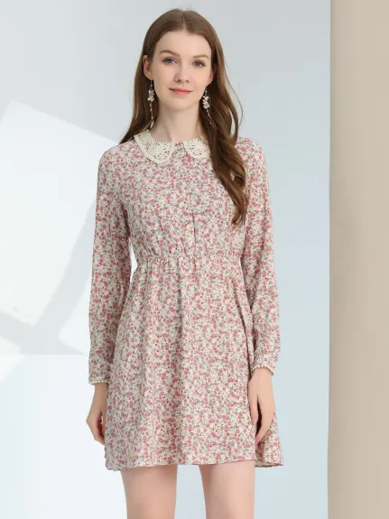 Allegra K- Long Sleeve Half Placket Floral Dress