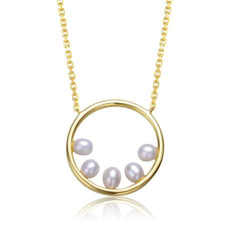 Genevive Sterling Silver 14k Yellow Gold Plated with White Pearl Halo Eternity Circle Pendant Layering Necklace