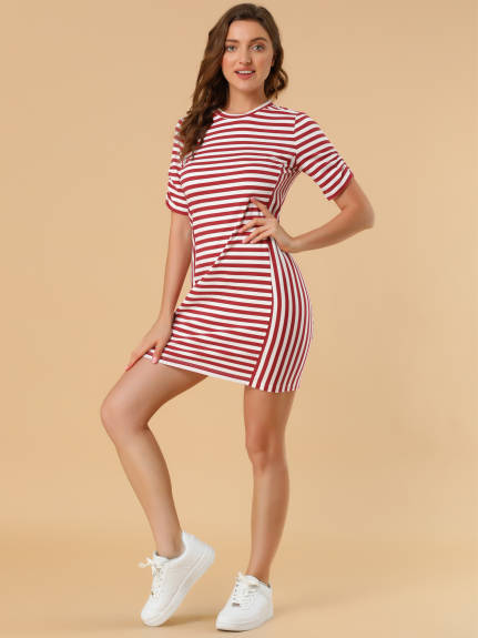 Allegra K- Short Sleeve PatchStriped Dress