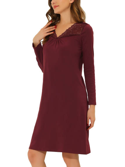cheibear - Lace Trim Lounge Long Sleeve Nightgown