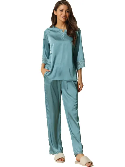 cheibear - Lace 3/4 Sleeves Lounge with Pants Pajama Set